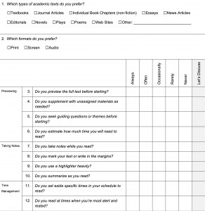 The reading strategies self assessment document featuring questions about preferences for academic texts, formats, and reading strategies.