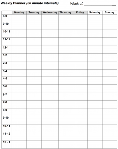 Preview of the weekly planner document for 60-minute intervals with hours in the left column and days of the week across the top row.