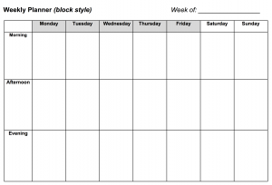 Preview of the weekly planner block style document that lists morning, afternoon, and evening in the left column and weekdays across the top row.