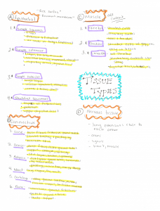 A photo of hand-drawn notes showing color coding, listing, and categorizing to illustrate note taking processes.